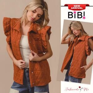 BiBi Diamond Print Ruffle Sleeves Pocket Oversized Quilted Vest Jacket | Rust